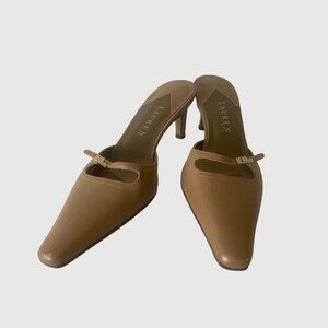 Lauren Ralph Lauren Leather Camel Mules Kitten Heels Women Shoes Size 7
